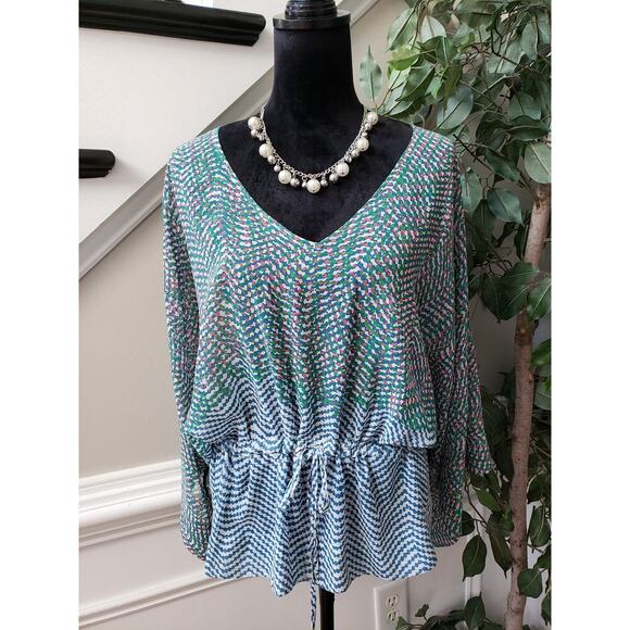 CAbi Tunic Top Womens Medium Multi Printed Arts Sheer Kimono Sleeve Tie Waisted - Picture 12 of 12